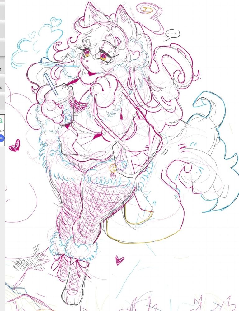 Whiteboard fox doodle of my oc Yin in a winter outfit while holding an iced coffee and her bag/purse 