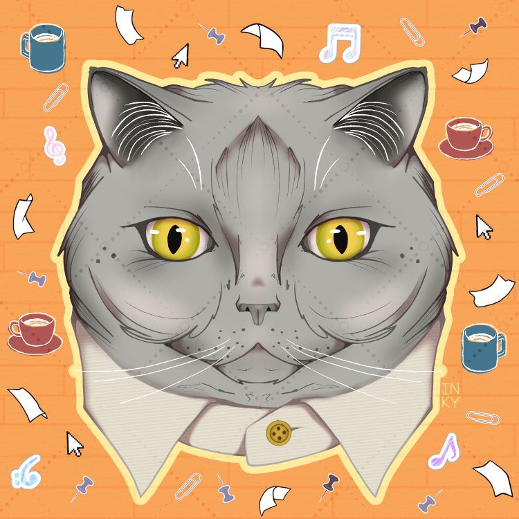 A digital illustration of a grey fluffy cat’s head with a button up shirt collar around its neck. The background is orange and has different work icons scattered around it. 