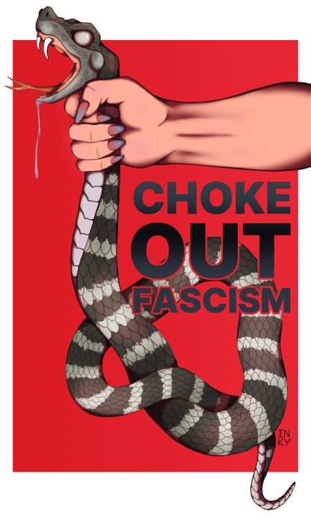 A digital illustration of a light skinned hand with purple and pink nails holding a black snake with white stripes by its neck. The snake is somewhat coiled up and the text over it reads, "choke out fascism". The illustration is against a textured red background. 