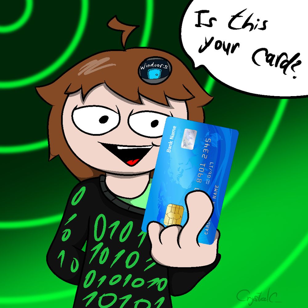 Viruson showing a credit card with a speech bubble that reads ”Is this your card?”