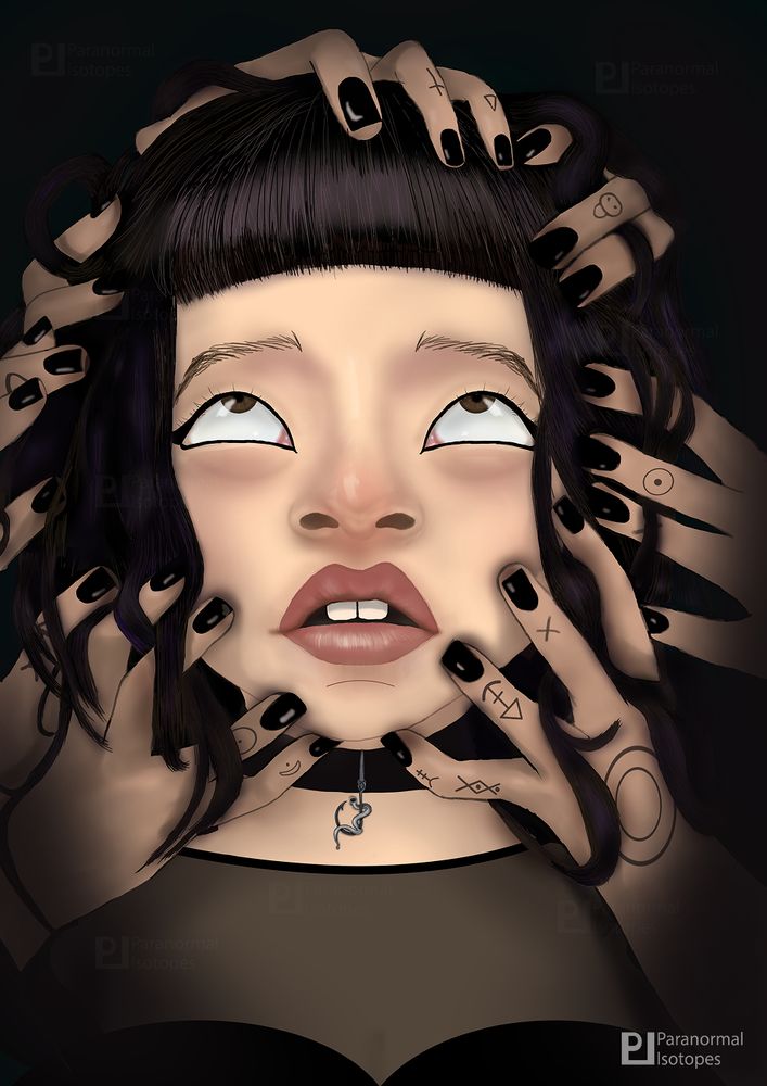 A digitally drawn illustration of a goth girl with long dark brown hair stands against a dark background looking up towards the sets of hands with fingers touching the top of her head, sides of face, and under chin. A few of the hands have tattooed symbols and nails painted black. The girl is wearing a choker that has a worm on a hook pendant and a black mesh top. For a Draw This In Your Style challenge hosted by art.benjaminpaulus