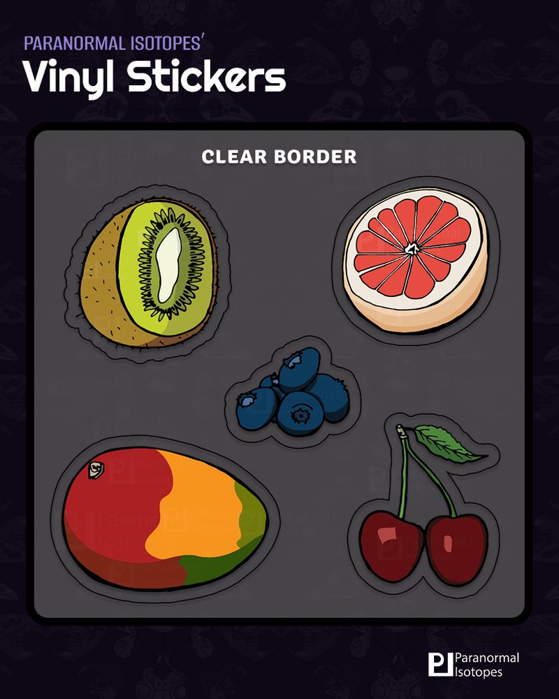 Examples of stickers with transparent / clear borders of hand-drawn and digitally colored illustrations of different types of fruits such as a kiwi and grapefruit cut in half, a small cluster of blueberries, a pair of cherries, and a mango.