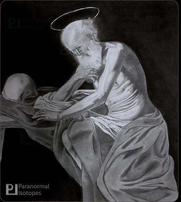 an image of a hand-drawn portrait of Caravaggio’s St. Jerome’s an elder man with a halo above his head sits at a desk in his robe, and cover with a contemplating look on his face. There is a skull on the table near his right arm. This was drawn using charcoal. 
