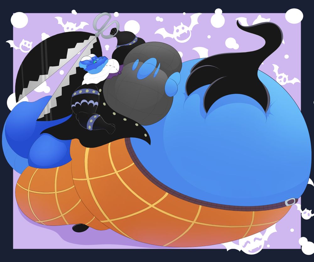 Dust the blue kobold wearing a black leather button up and orange striped pants as a hint shadowy ghost hand pushes down on their massively inflated belly. Their belly is so large that their pants only cover the bottom 1/3 of their belly and butt, the rest is exposed! Dust also holds giant scissors with blades that double as swords, a reference to the anime character they’re dressed after