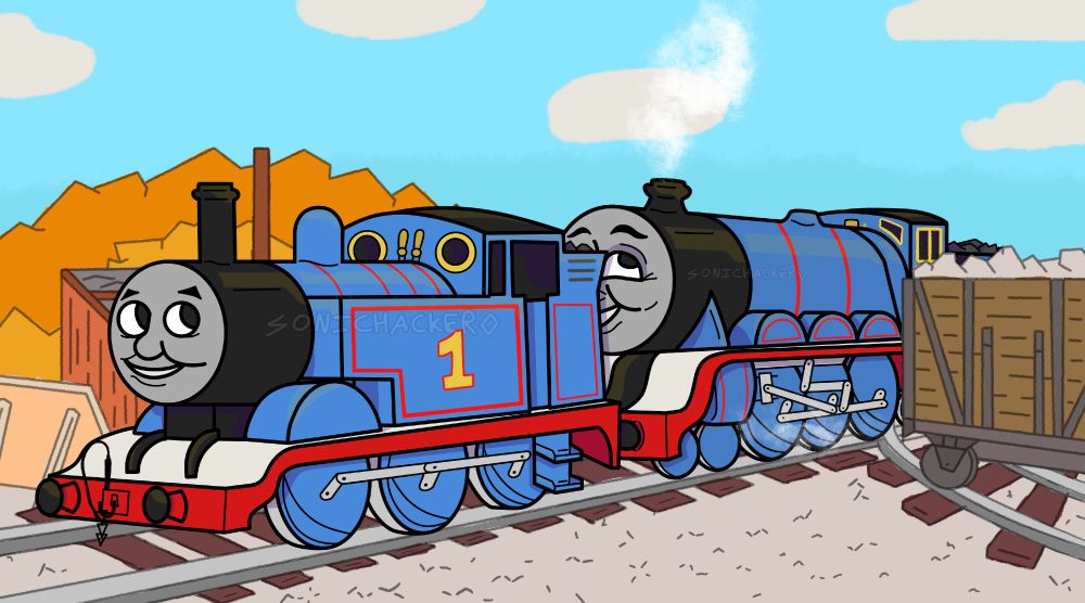 Thomas the Tank Engine and Gordon the Big Blue engine over a mine, Gordon is helping pull Thomas away after being stuck down in the mine, artwork inspired by the original 1983 Pilot which was recently released.
2d artwork by sonichacker
