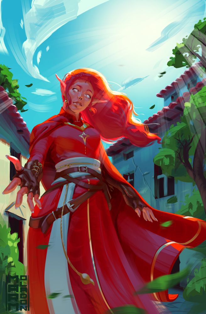 Digital painting of a feminine elf. An upward view of a south-europan alleyway with an elf in a red dress in the middle. The Elf has long red hair, multiple belts, bracers and golden accessories She is reaching down towards the viewer with an open hand.