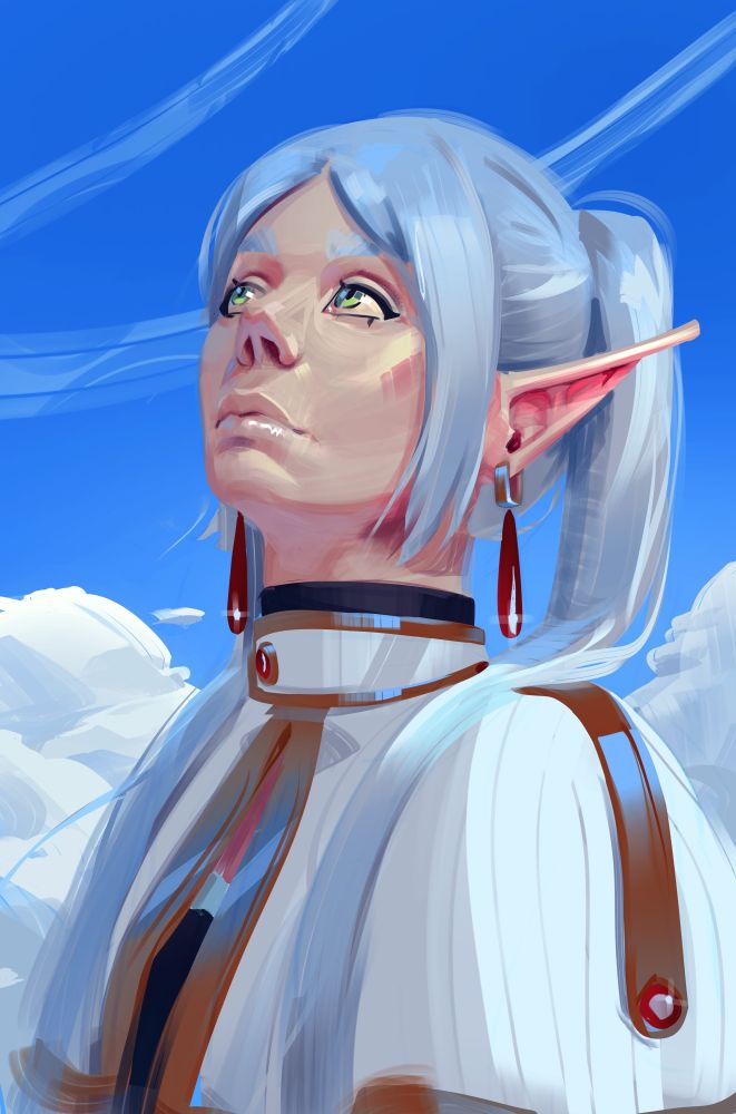 Digital painting of anime character - Frieren of the show "Frieren" looking up. The background is a blue sky with clouds and nothing else