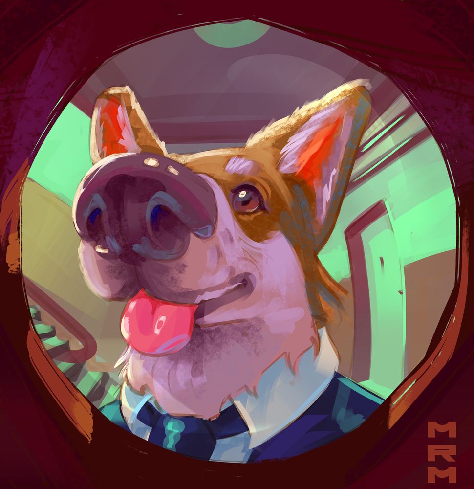 A digital painting of a view through a door peephole. There is a corgi in a blue suit and a blue tie standing there with a nose drastically close to the veiw. The background is a generic apartment block stairwell.