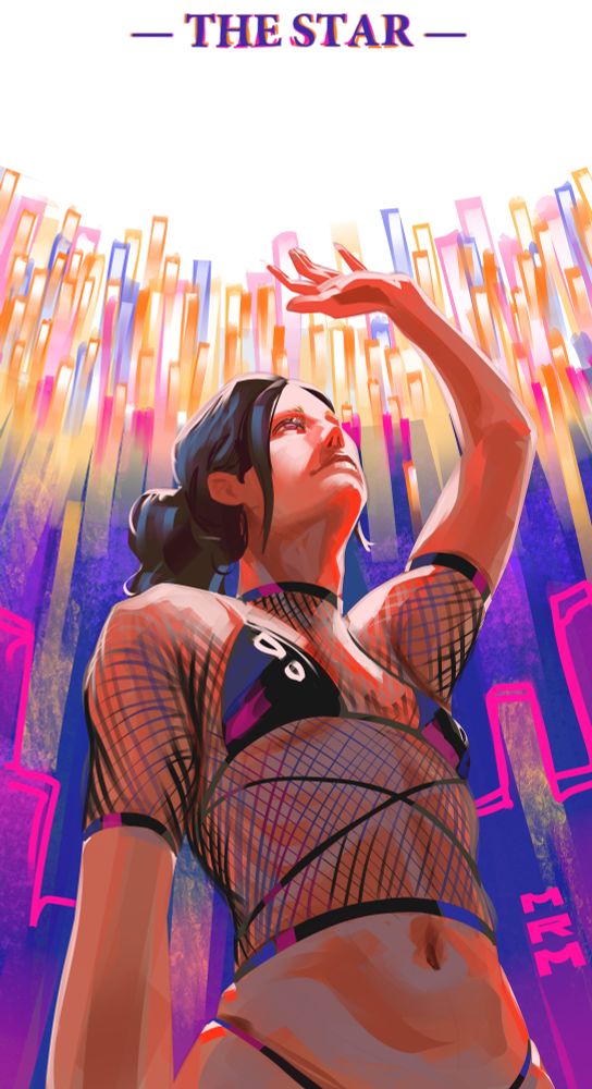 Digital painting of a character on an abstrack painting. They are wearing latex bra and a fishnet top, they have dark hair tied into a ponytail. They are reaching towards a light above them.