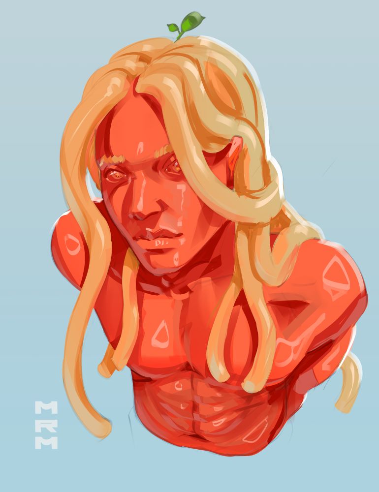 Digital paintuing of a bust, the character's skin is red like bolognese sauce and their hair is spaghetti noodles, there is a twig of basil coming from their head.