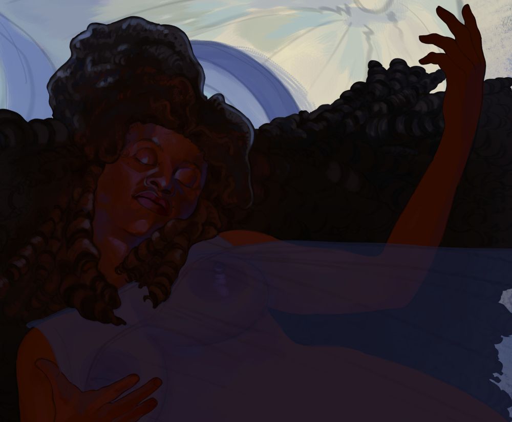 A work in progress screenshot of a piece of digital artwork. The artwork depicts a dark-skinned Black woman against a blue background inspired by the moon. Her skin and hair are partially rendered.