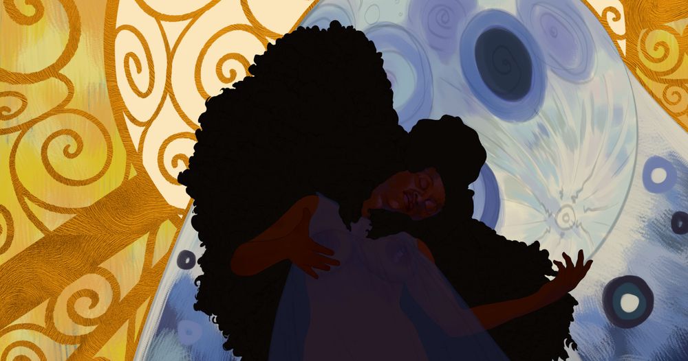 A work in progress screenshot of a piece of digital artwork. The artwork depicts a dark-skinned Black woman, with a blue and gold background inspired by the sun and moon, and influenced by art nouveau and the works of Gustav Klimt.
