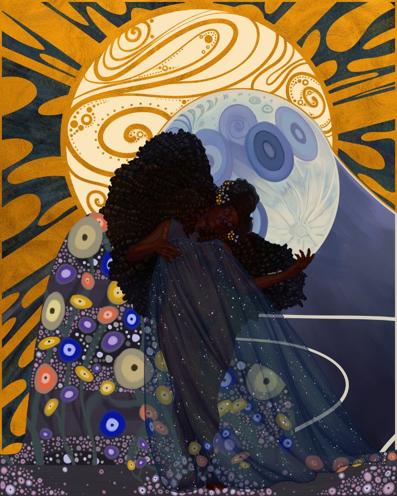 A digital painting of a young Black woman in a style inspired by Klimt. She is standing in front of sun while cradling the moon like a pillow. Her hair is spread out behind her, and she wears a flowing, semi-transparent dress. She has a serene expression on her face. She is surrounded by flowers. The woman's name is Moira.