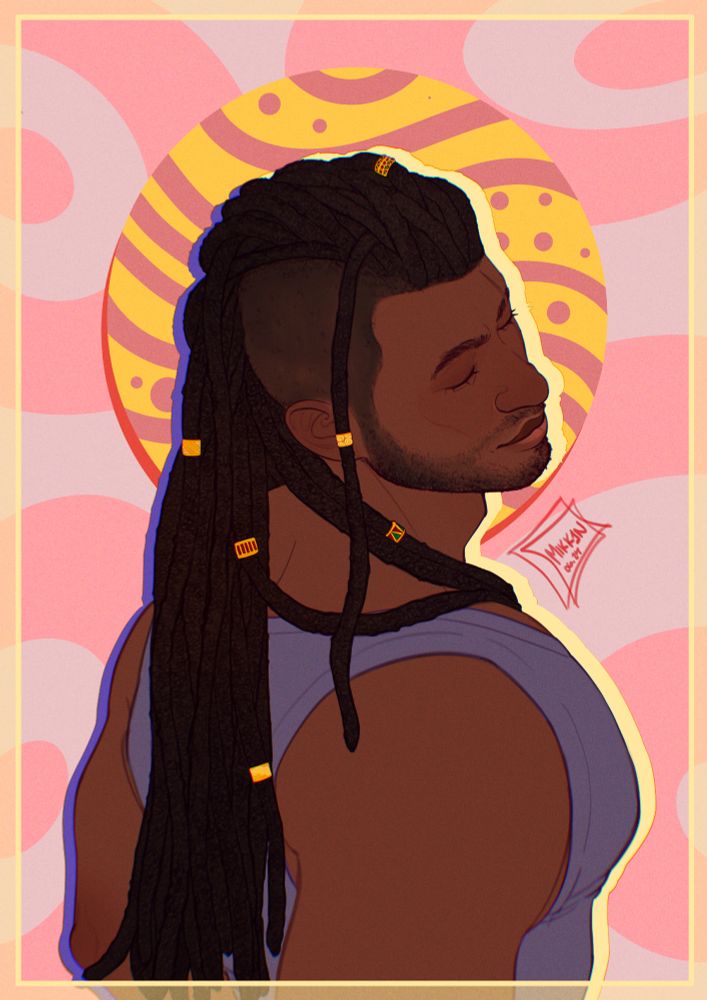 A digital illustration of John "Soap" MacTavish from the original Modern Warfare trilogy. Per the artist's headcanon, he is portrayed as biracial Black with brown skin and long dreadlocks extending past his shoulders. Soap has his back to the viewer and is tilting his head back and to the side, with a serene expression on his face.