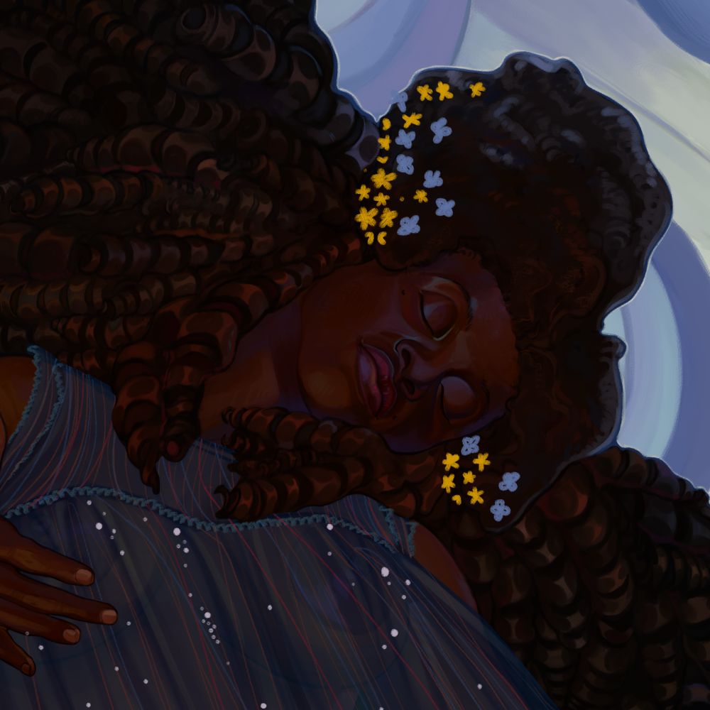 A closeup of Moira's serene expression. The detail includes some of her hair and the moon behind her.