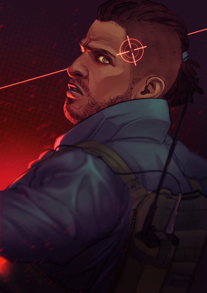 A digital illustration of Johnny "Soap" MacTavish from the Modern Warfare reboot series against a red and blue background. He turns toward the viewer with a fearful expression on his face, and a red crosshair is aimed at the side of his head. Johnny is drawn as a biracial Black man with dreads per the artist's headcanon.