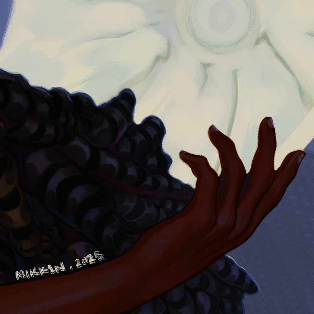 Moira's hand, cradling the moon. Some of her hair and the artist's signature are visible.