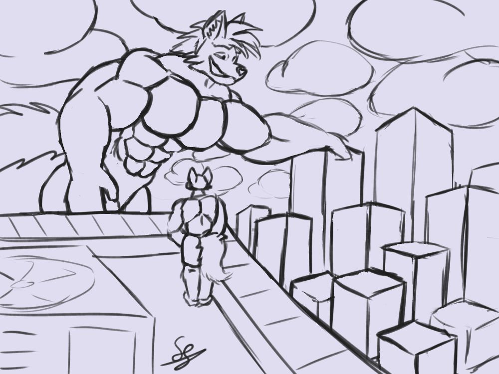 Stark is holding onto a skyscraper in the background with Wax on a rooftop in the foreground observing him. 