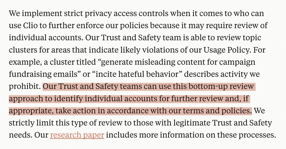 Screenshot of the news release with the following sentence highlighted: “Our Trust and Safety teams can use this bottom-up review approach to identify individual accounts for further review and, if appropriate, take action in accordance with our terms and policies.”