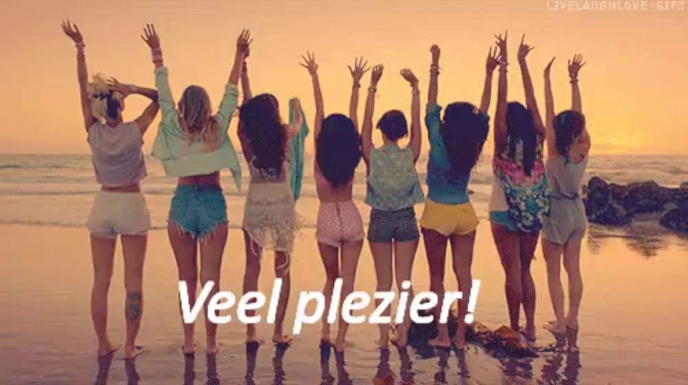 a group of women are standing on a beach with their arms in the air and the words veel plezier in white letters