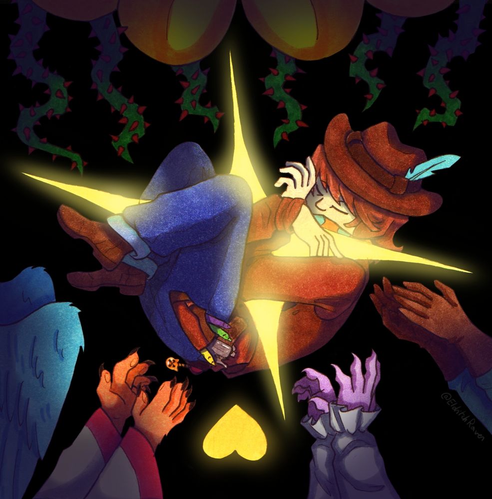 A fanart illustration of Undertale Yellow. Clover is curled up in the center, holding a save point close to them. Clover is wearing an object each themed around one onf the main cast. A blue feather on their hat, the Gunslinger and some crayons in their fancy holster, and a bell charm on their belt. Bellow them, the yellow soul pointing upwards. Under Clover, we see the arms / hands of Martlet, Ceroba, Dalv and Starlo extending towards Clover.
Above Clover, clouded in shadows, flowey looms ominously with his vines creeping towards them. The background is black, with the Save point and Soul shining brightly. 