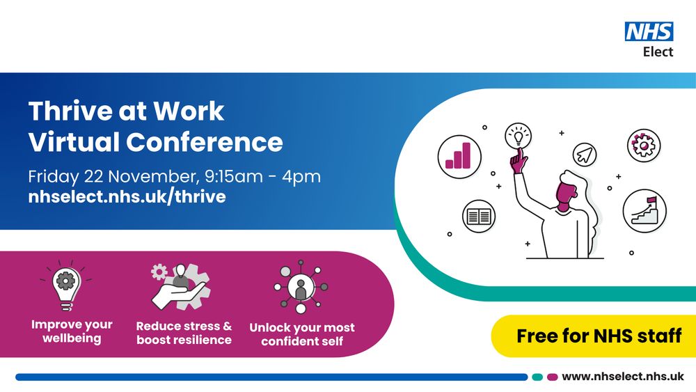 Thrive at Work. Virtual conference, Friday 22 November, 9.15 am - 4 pm. Improve your wellbeing, reduce stress and boost resilience, unlock your most confident self. 
