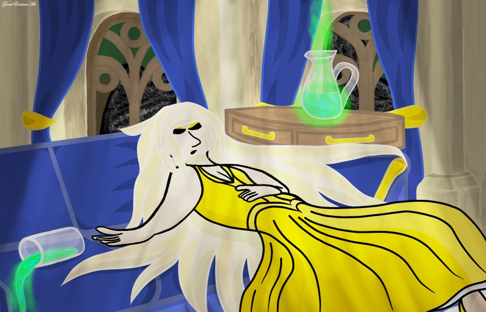 Here is Grace, fast asleep on the Sofa with this being part of a dream she has where she is alone by herself in hers and Patrick's mansion dancing to herself in the Ballroom alone, and once she is finished heads into the living room to relax.

While in there she is thirsty and see's a strange jug of water that has a sort of green tint, but too thirsty to realise that Grace drinks a glass of it as she sit's down on the sofa she feels a sense of drowsiness wash over her and with a heavy dropping of her eyes and a deep sigh the water which turns out to be magical sleeping water sends her off into a deep eternal slumber that she would remain in for a thousand years.

Don't worry it's all a dream though and Patrick will wake her up in there real world eventually in the morning. But for now Grace will remain her eternal sleep for now.