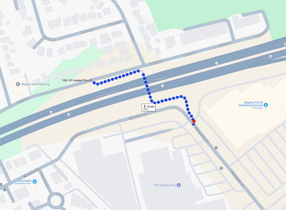 A screenshot of Google Maps showing walking directions using the pedestrian bridge over Highway 7/8
