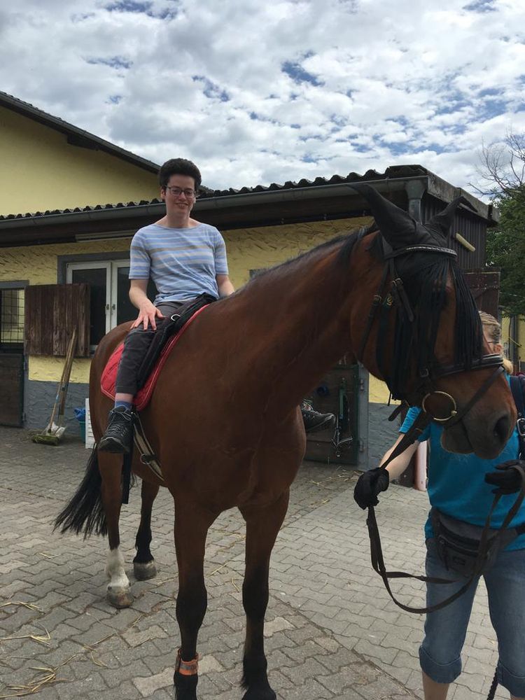 Ich sitze auf meinem Therapiepferd Gerry. Daneben steht eine Pferdeführerin und hält das Pferd. Gerry ist 20 Jahre alt und darf jetzt in Rente.