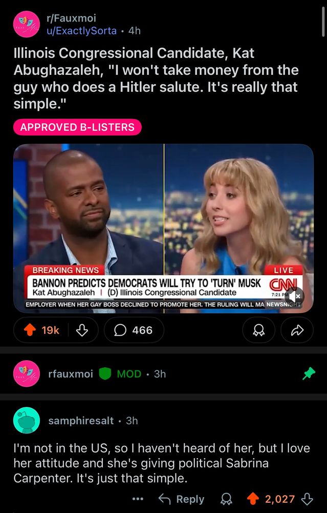 A screenshot of the reddit app in dark mode. The post is from r/FauxMoi and the post is by u/ExactlySorta with a clip of Kat Abughazaleh on CNN with the caption “Illinois Congressional Candidate, Kat Abughazaleh, ‘I won’t take money from the guy who does a Hitler salute. It really is that simple.’ Then the top comment below by u/SamphireSalt says ‘I’m not in the US, so I haven’t heard of her, but I love her attitude and she’s giving political Sabrina Carpenter. It’s just that simple.” 