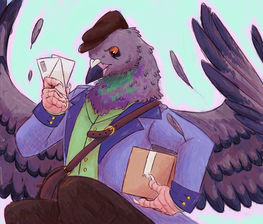 drawing of an anthropomorphic pigeon mailman, reading the delivery addresses on letters mid flight