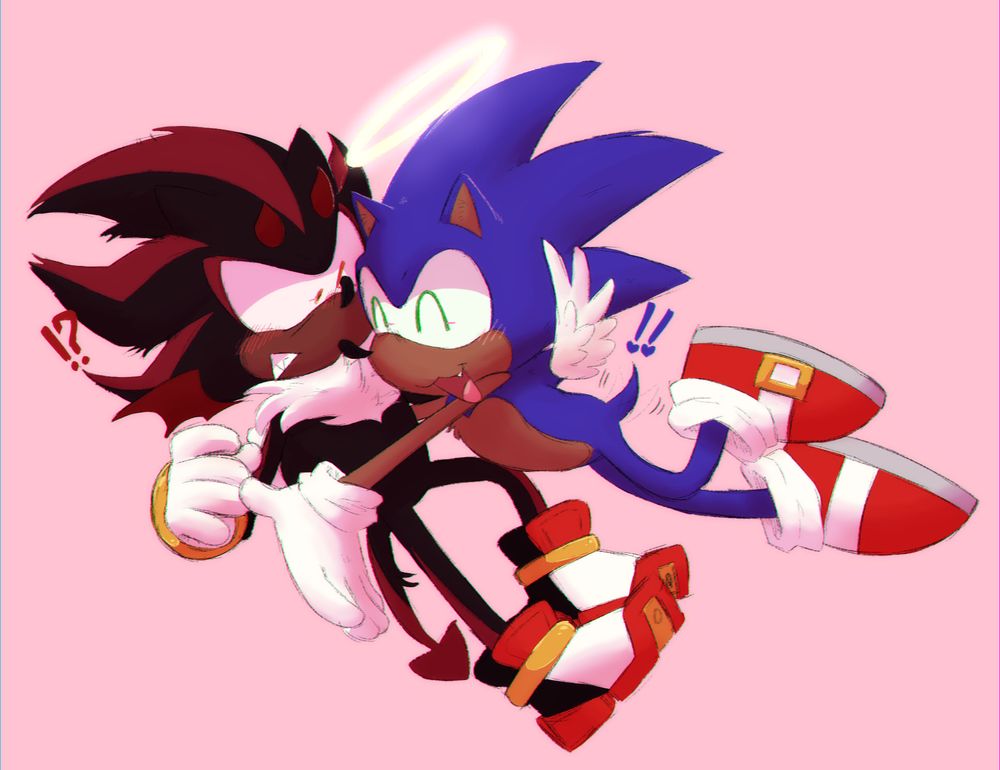 drawing of sonic the hedgehog with angel wings and halo and shadow the hedgehog with devil wings, horn, and tail on a pink background. sonic is excitedly jumping to hug shadow and shadow is falling backwards in surprise.