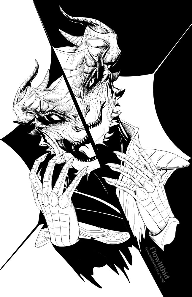 Black and white inked linework image of a dragonborn split down the middle, where one side is their previous identity, and the other is their current identity as a sorcerer. They are framed by the shape of the astral prism.