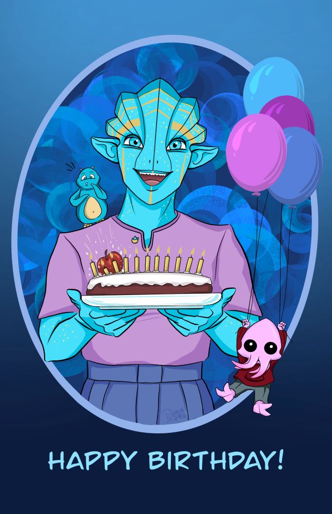 Digital drawing of a smiling alien character holding out a birthday cake. A little alien creature on their shoulder accidently drops an apple onto the cake, and a little pink squidling is floating upwards with balloons.