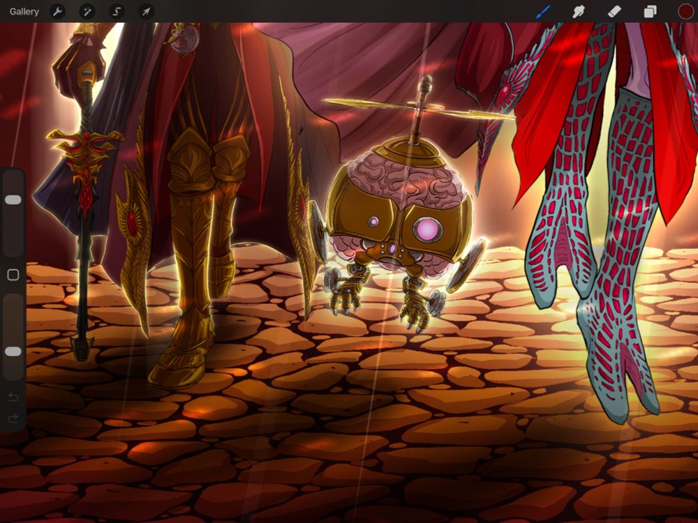 Close up of digital drawing featuring the details of two mind flayers' outfits, details of a cobblestone ground and a mechanical intellect devourer hovering off it.