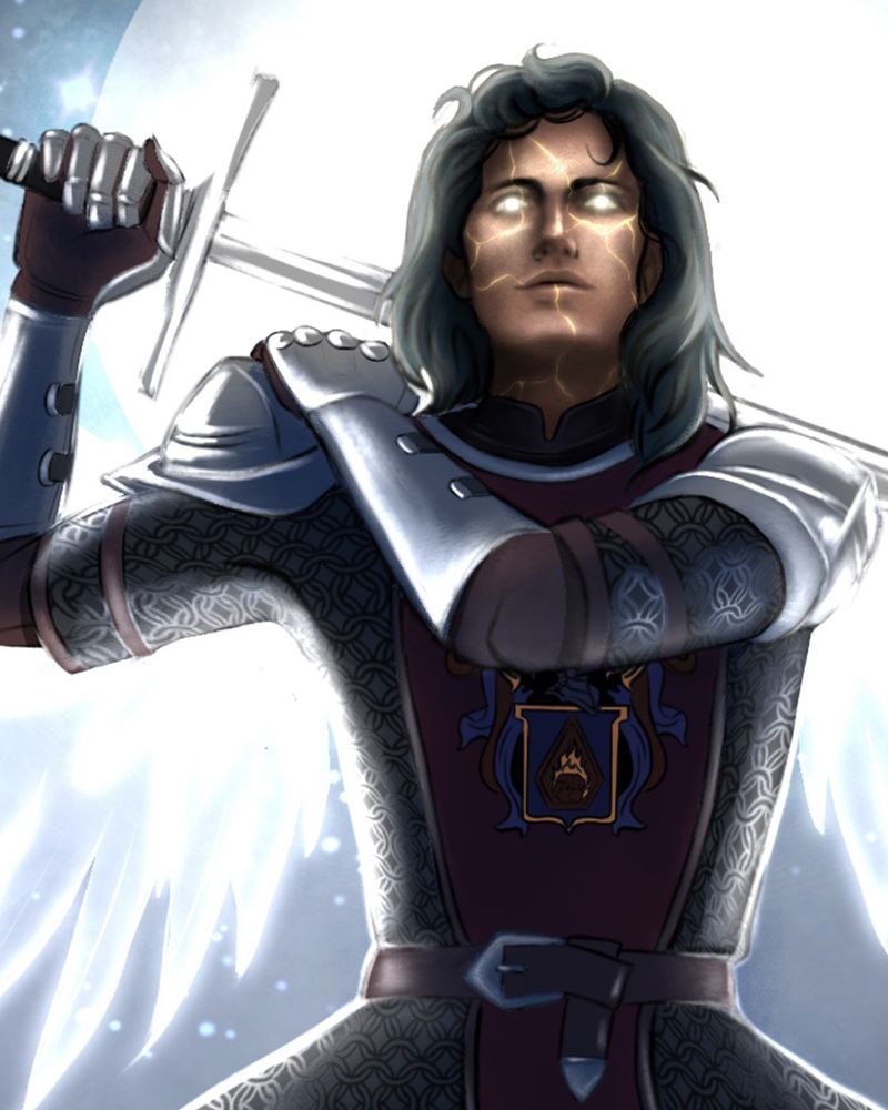 Close up color drawing of an armored aasimar with dark hair, glowing eyes and gold cracks on brown skin, holding a sword behind them.