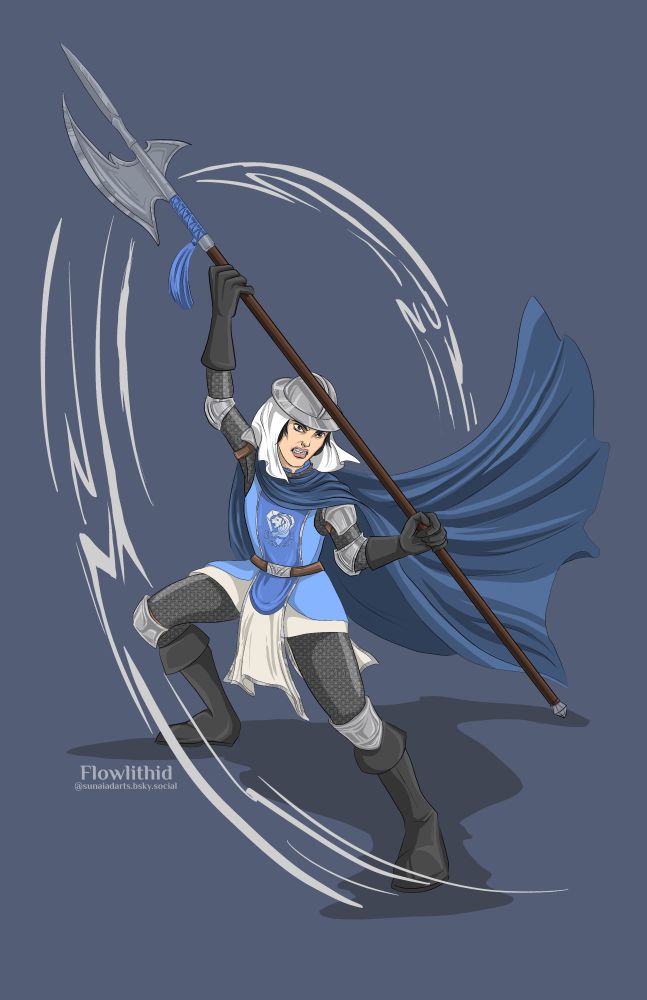 Armored, fair-skinned woman with dark hair and eyes fending off an attack with a halberd.