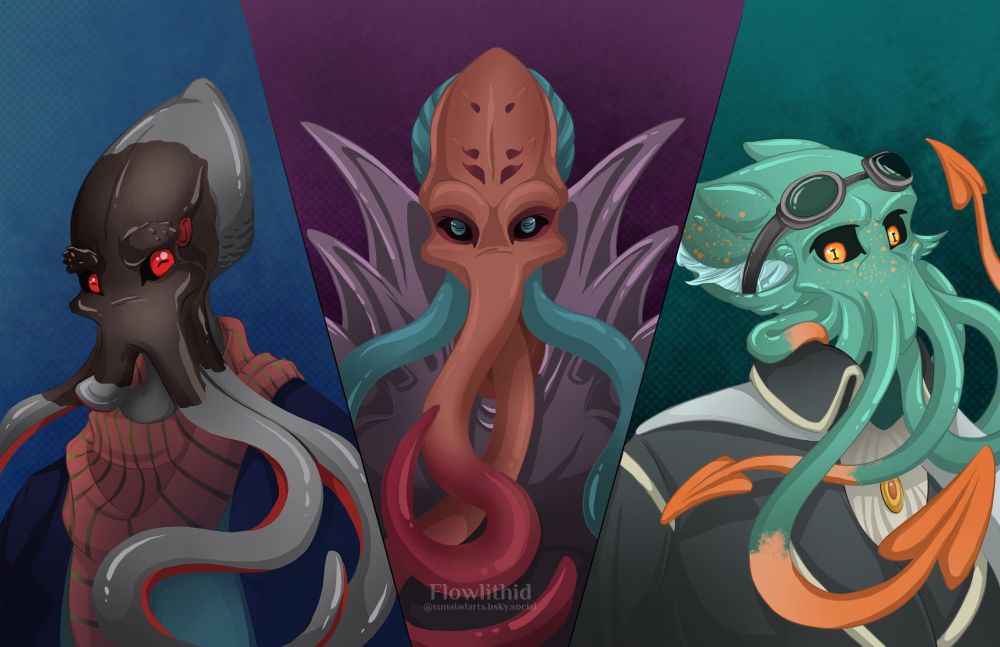 Three mindflayer characters depicted on different colored backgrounds. 