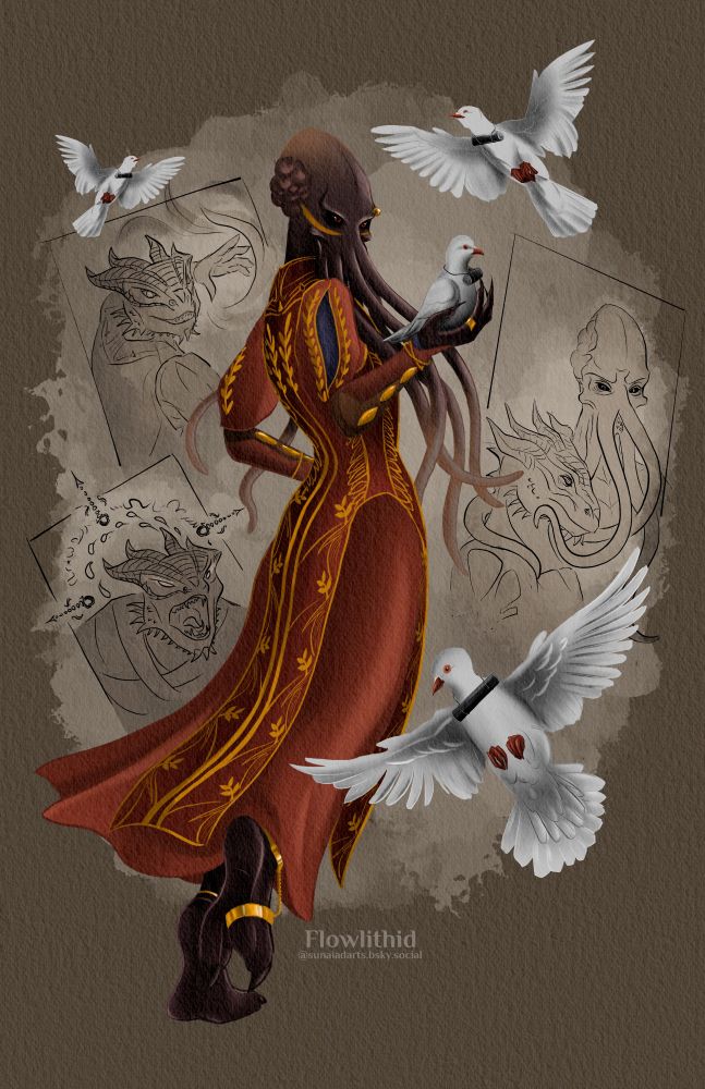 ALT Brown mindflayer in mid lift off wearing orange colored robes holding a messenger pigeon. Three other messenger pigeons are in the background. Within a lighter watercolor like area are three simple sketches of their previous form and life.