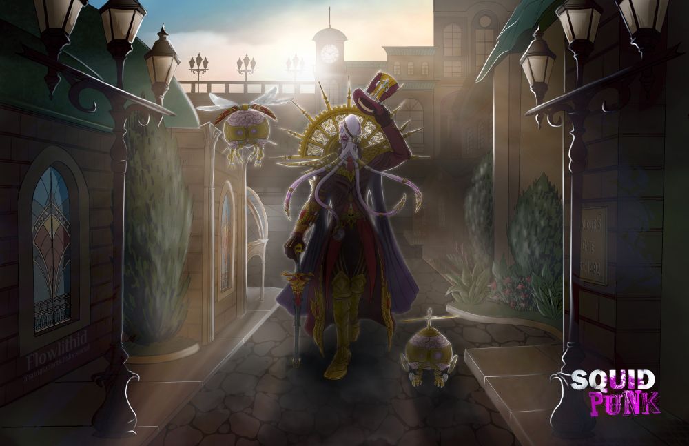 Digital drawing of a mindflayer in a brown and red overcoat embellished with brassy adornments,tipping a hat and holding a cane that resembles a sword. They are wearing brassy goggles and have light shining througb a brassy crest at their back. Around him are two intellect devourers outfitted with brassy mechanical parts, enabling them to fly. The three walk down a cobblestone street on a hazy morning. 