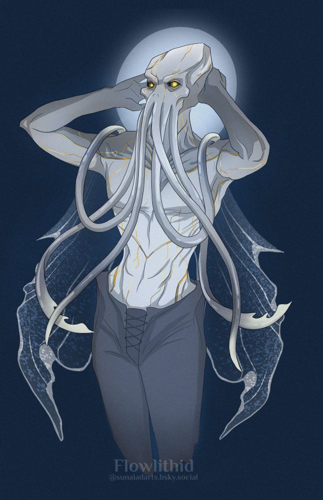A gold-eyed mindflayer with gold cracks on silver skin and back fins that resemble wings. A moon is around their head which resembles a halo; they stand against a navy blue background.