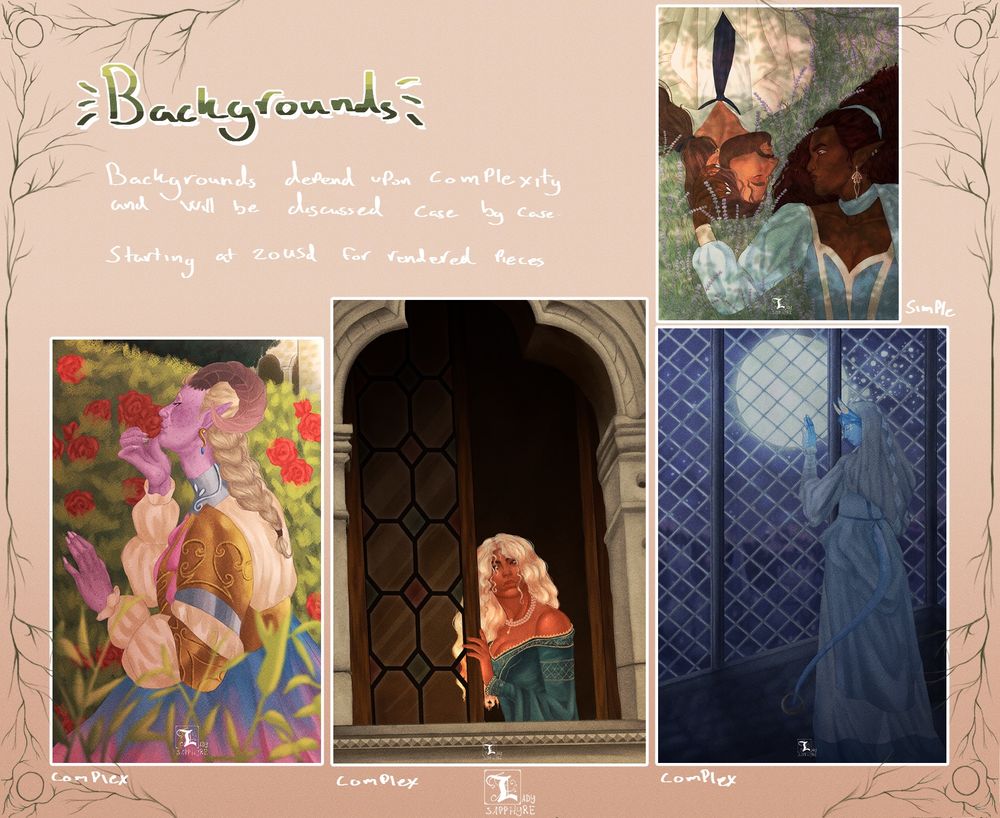 Comm sheet showcasing different backgrounds.

Post text:
Backgrounds depend upon complexity and will be discussed case by case.

Starting at 20USD for rendered pieces.