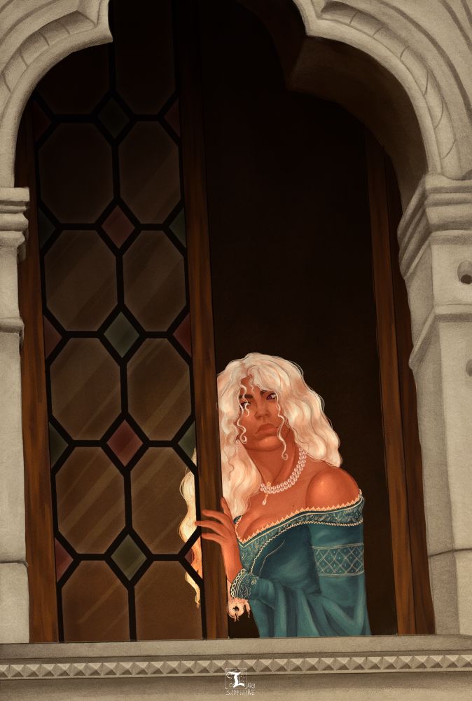 A woman with brown skin and white hair wearing a bluish green gown looking out an arched window.