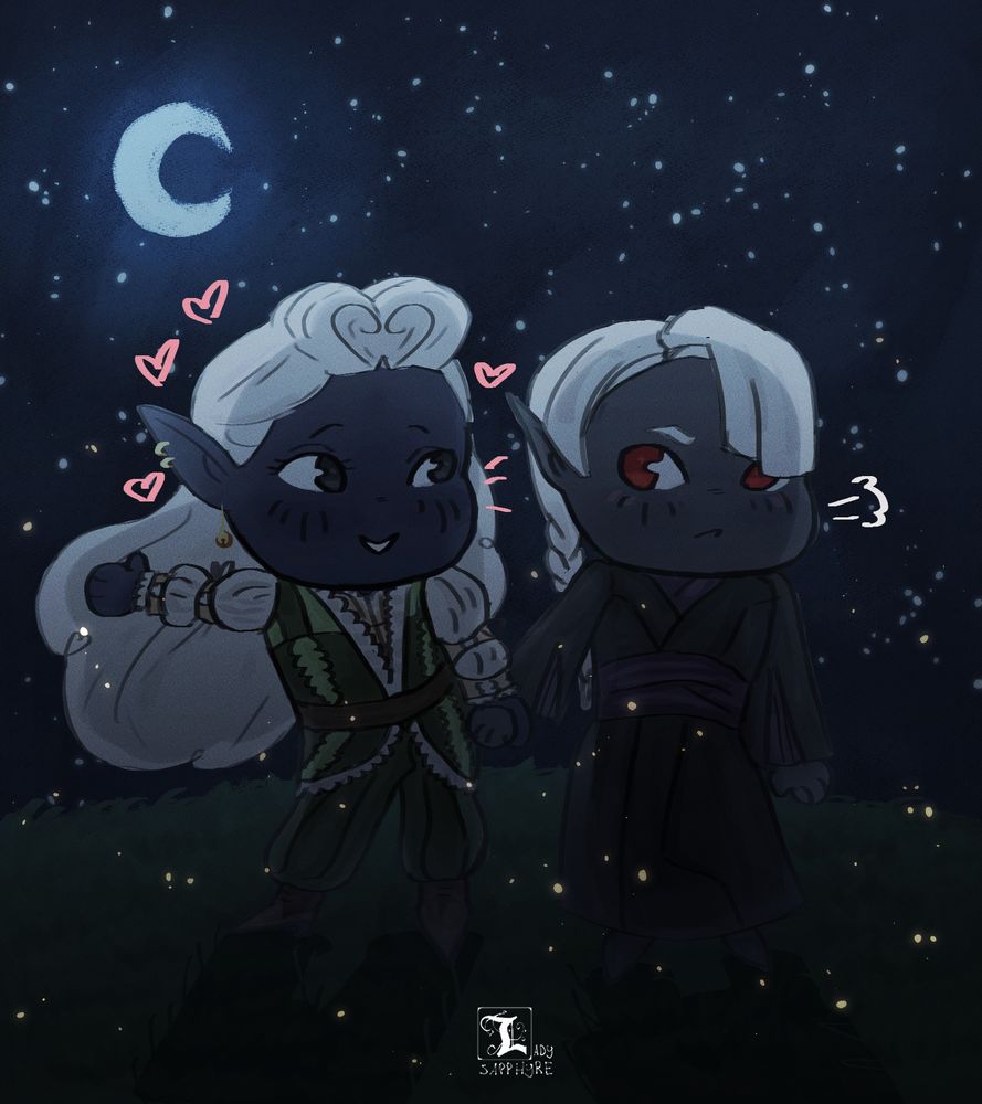 A half drow half sun elf stargazing with Kimmuriel Oblodra from LoD.