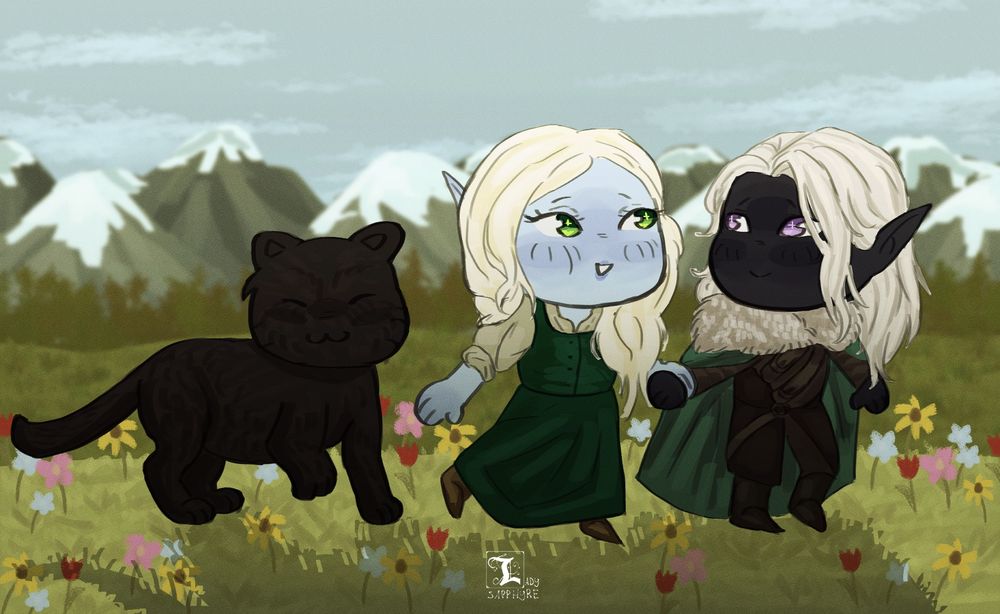 A pale moon elf woman taking a stroll with Drizzt Do’Urden and Guen.