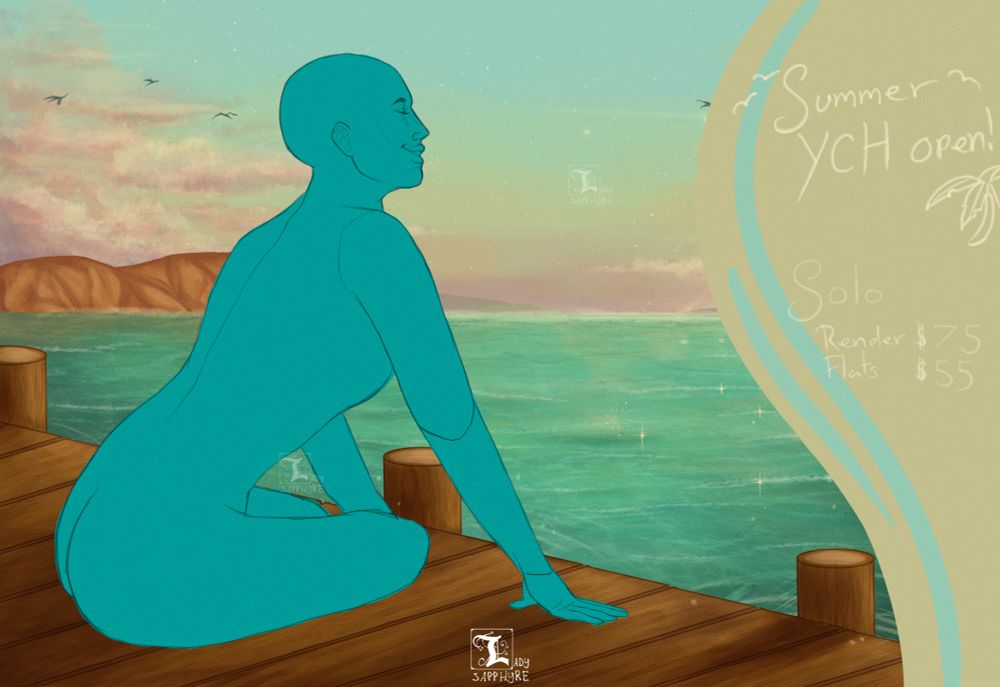 A greenish blue base sitting on a pier watching the sunset.

Image text:
Summer YCH open!

Solo 
Render $75
Flats $55