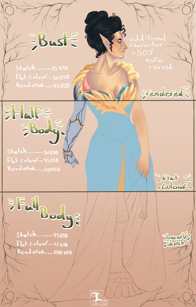 Commission sheet with a digital painting (based on Madame X) in three different finishing stages: Rendered, flat colour and lineart / sketch.

Post text: 
Commissions 

Bust
Sketch…15USD
Flat colour…30USD
Rendered…45USD

Half-body
Sketch…30USD
Flat colour…45USD
Rendered…70USD

Full-body
Sketch…45USD
Flat colour…75USD
Rebdered…100USD

Additional character 
+ 50%

NSFW
+ 20USD

Rendered
Flat colour 
Lineart / sketch 
