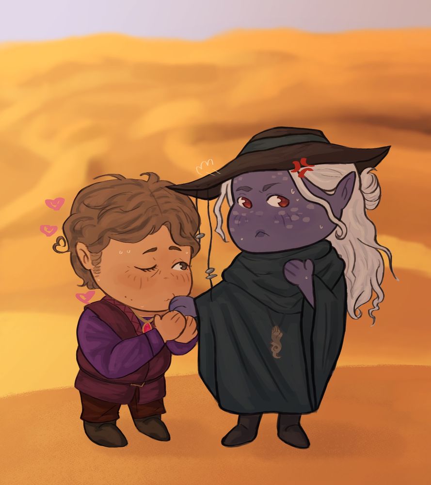 Regis from LoD giving a drow woman with draconic scales a kiss on the hand.