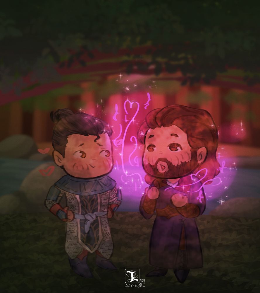 Chibi of Gale Dekarios from BG3 and an armored human man standing in a dimly lit forest. Gale is casting magic which swirls into heart shapes.