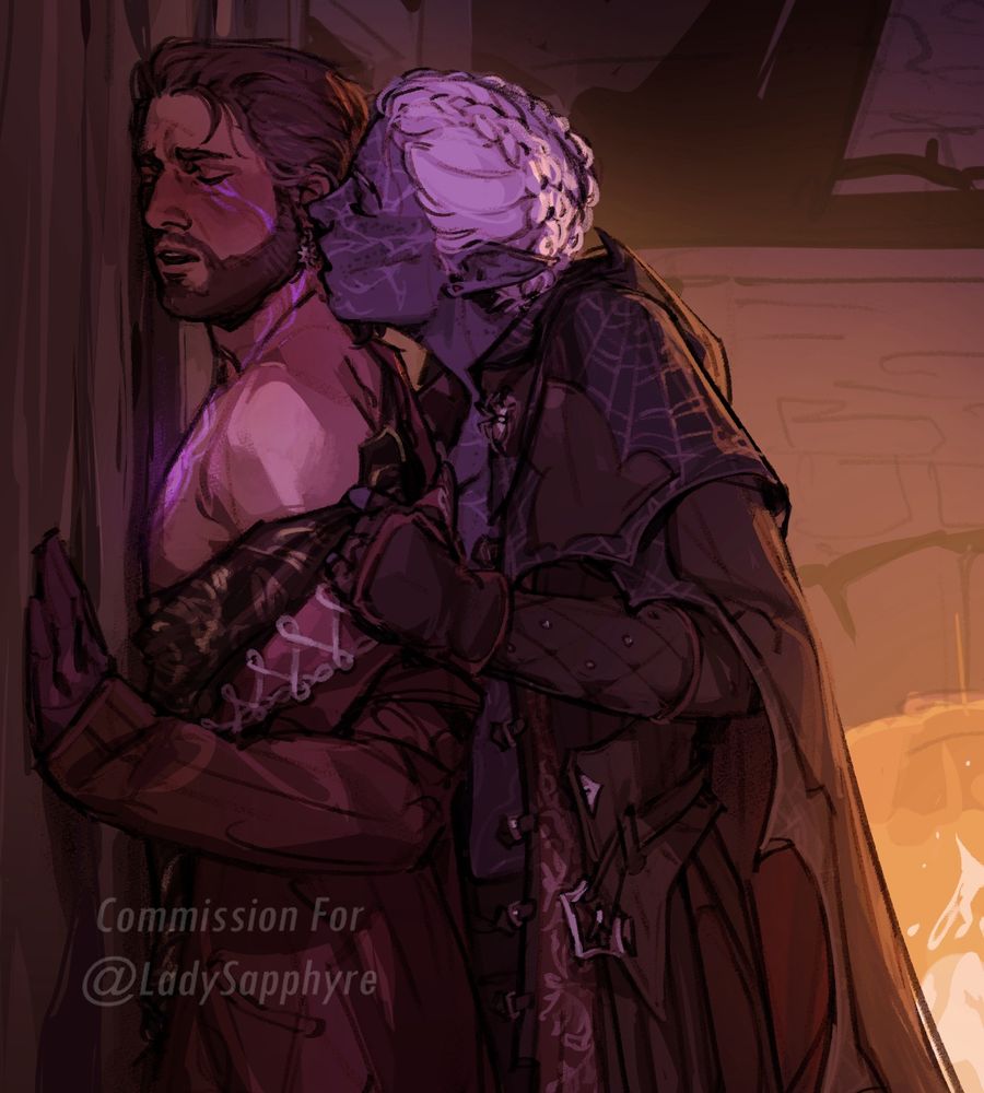 In a fire lit room, Elerra, a dark skinned drow woman with elaborate white spidering tattoos and short white hair in two braids presses an open mouthed kiss to the back of Gale’s neck. Her armour is open at the front where her body presses into his, while she pulls his robes down around his shoulders. He’s pinned against the wall and his cheeks are flustered, while the Netherese orb in his chest glows softly.